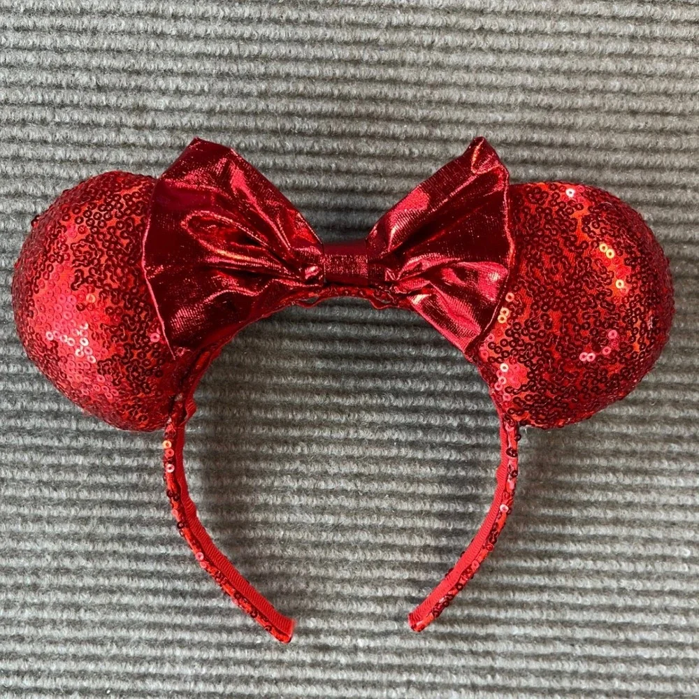 Disney Parks Minnie Mouse Red Sequin Ears Headband Metallic Bow Kids Accessory